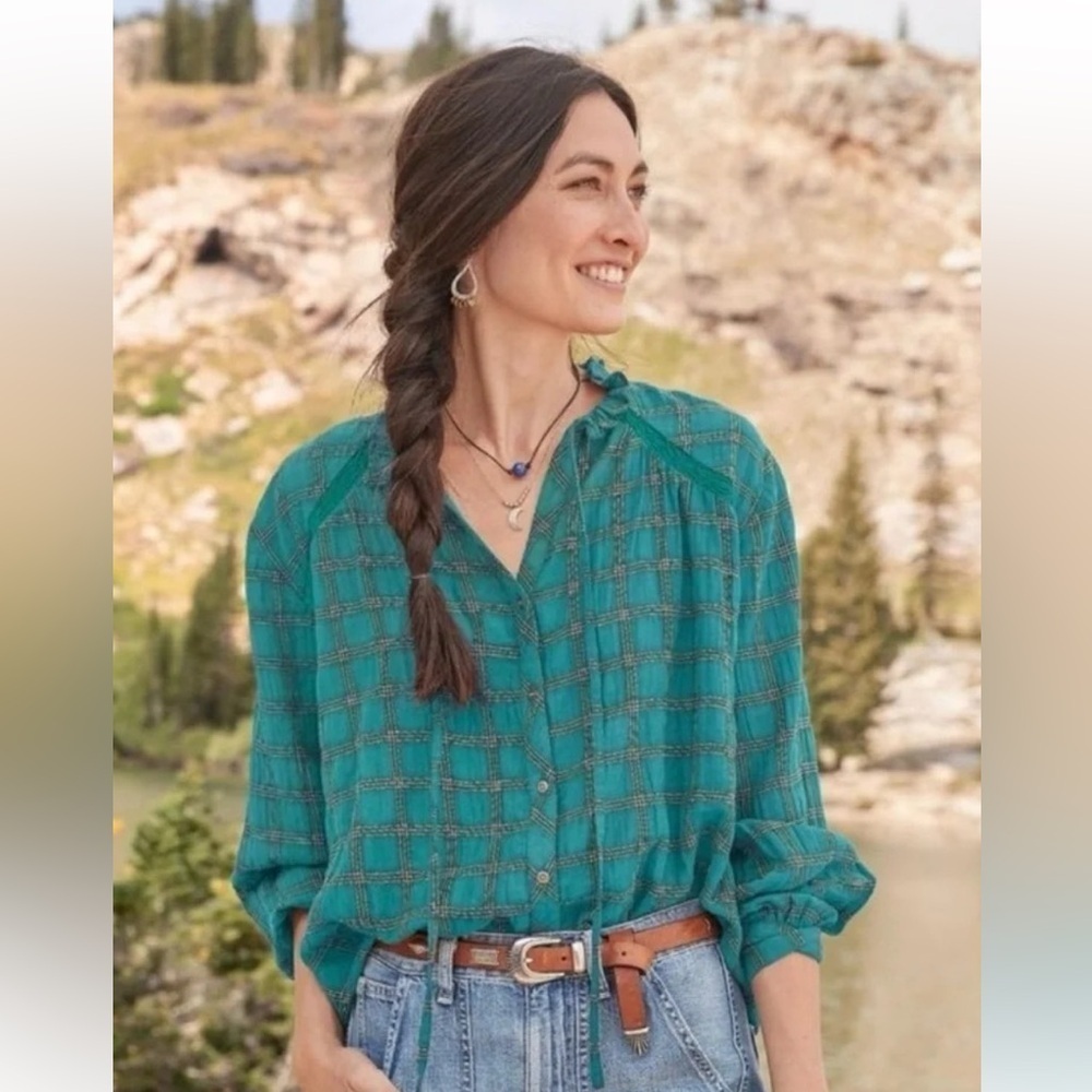 Sundance Heather Highland Teal Plaid, Crinkle Western Prairie, Feminine Top.